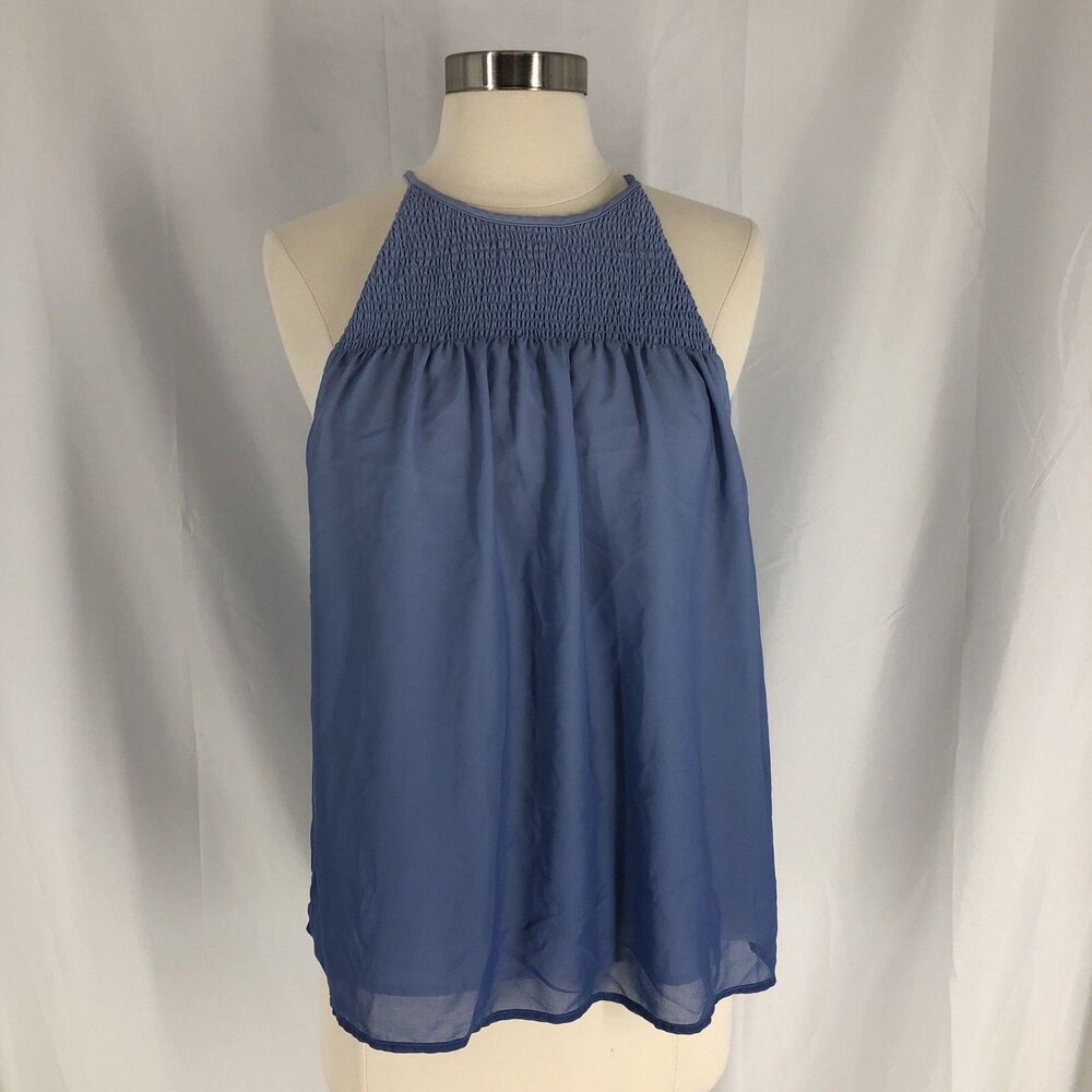 1. State Halter Neckline Dip Dye Blouse Blue Tart Back Button Keyhole Medium